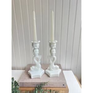 Westmoreland White Milk Glass Chinese Dolphin Fish Candlestick Holders Pair